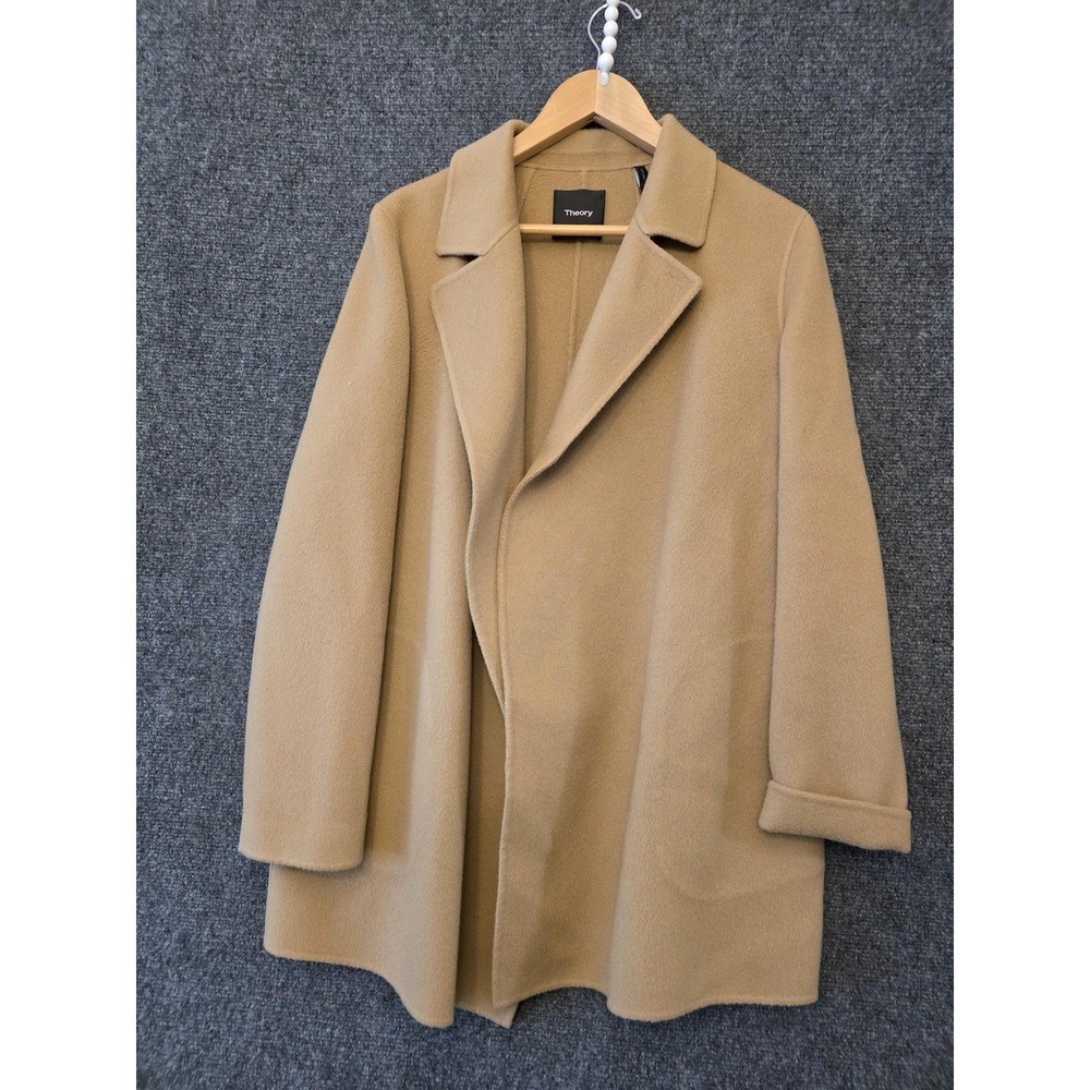 Theory Coat Womens Medium Beige Wool Cashmere Open Front Unlined Pockets